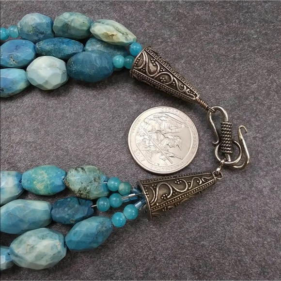 Handmade Blue Gemstone Multi Strand Geometric Shapes Necklace. 20” - Picture 8 of 9